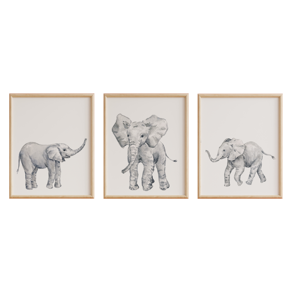 Realistic Watercolour Elephants Wall Prints - Aai Aai Baby